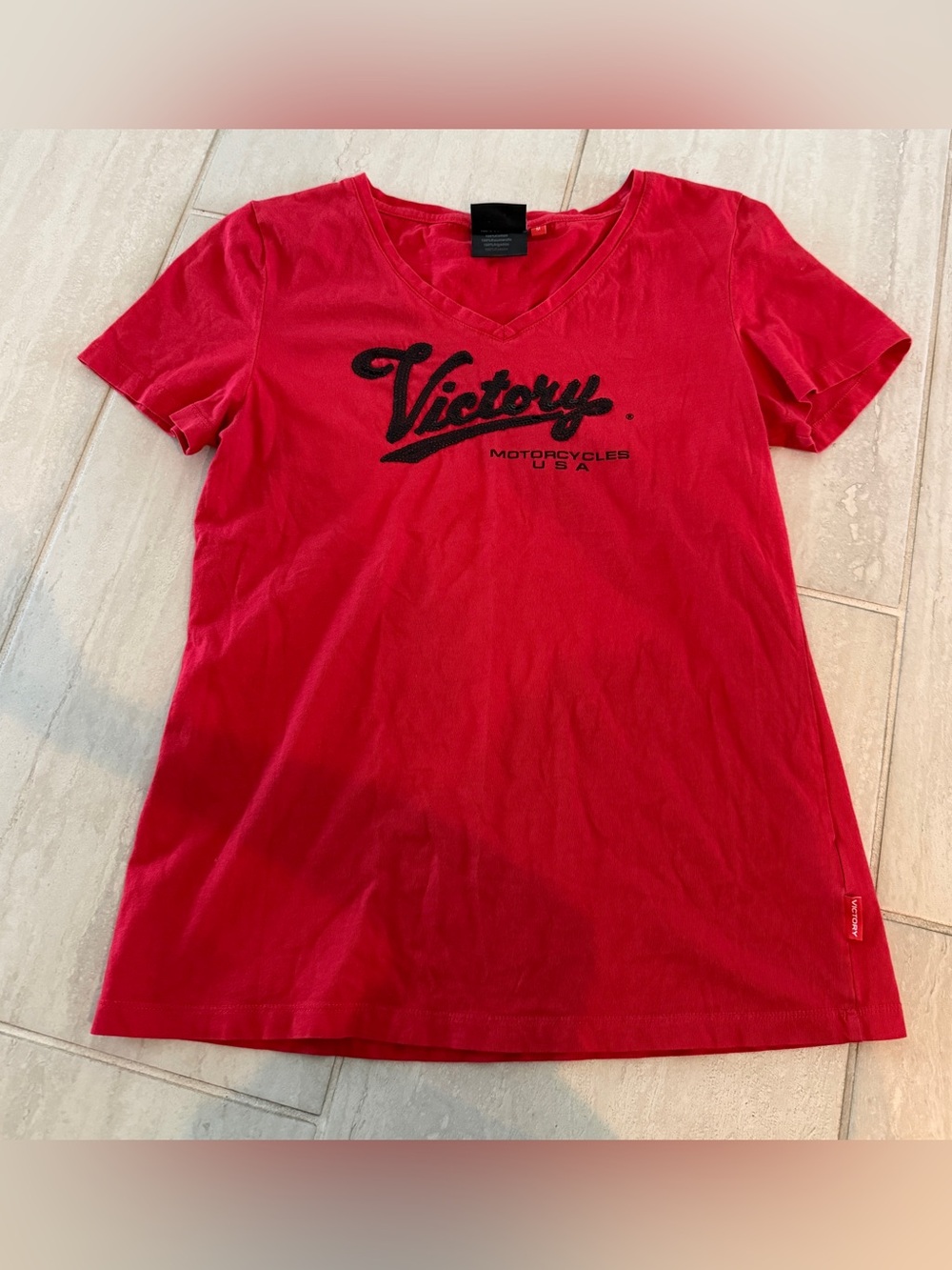 Women’s Red Victory Motorcycle V Neck Short Sleeve Shirt M Y2K Bikercore Sequins
